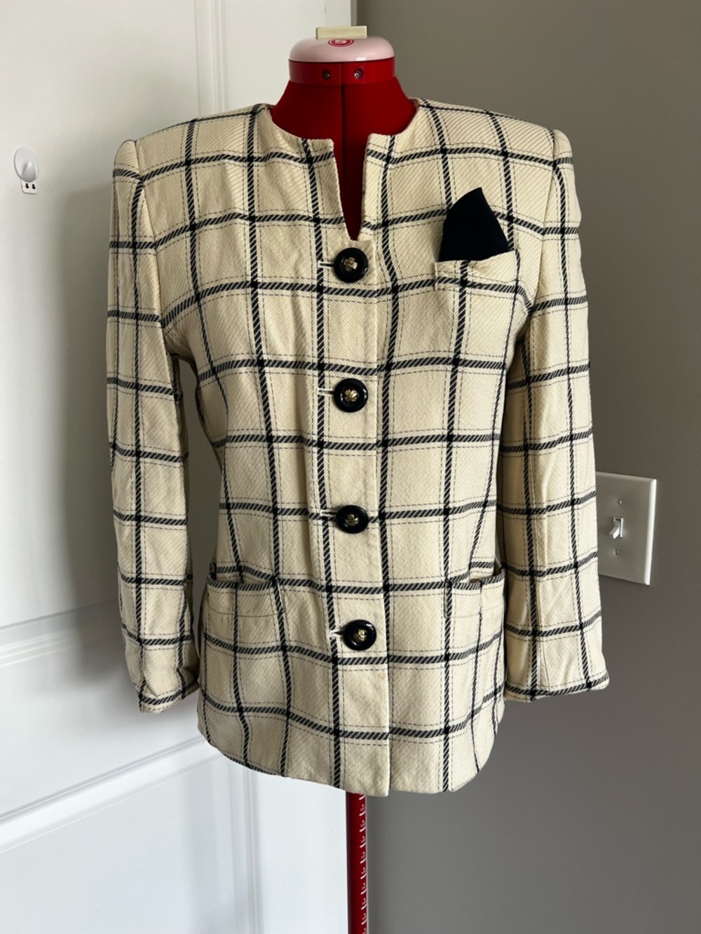 Tailored Cream Windowpane Plaid Jacket with Black Trim